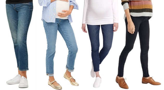 collage of 4 women wearing maternity jeans