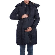 A woman wearing a Madison Quilted Maternity Puffer Coat.
