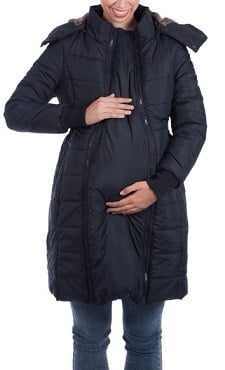 A woman wearing a Madison Quilted Maternity Puffer Coat.