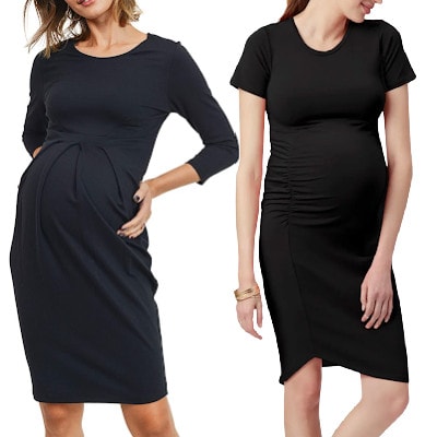 collage of 2 women wearing must-have maternity dresses for the office