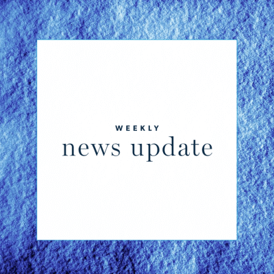 A white square with text "weekly news update" surrounded by a blue textured border