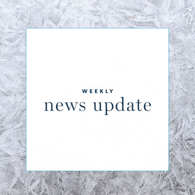 a white square with text \"weekly news update,\" surrounded by a border of frost
