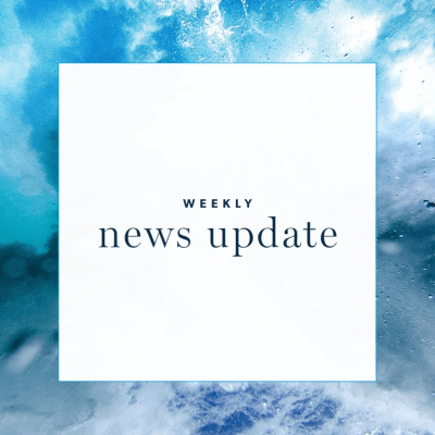 A white square with text "weekly news update," surrounded by a border of clouds through a window