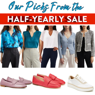 house ad reads "Our Picks From the Half-Yearly Sale" and has collage of work tops and work shoes
