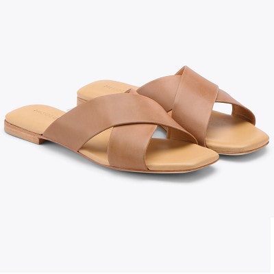 pair of beige slide sandals