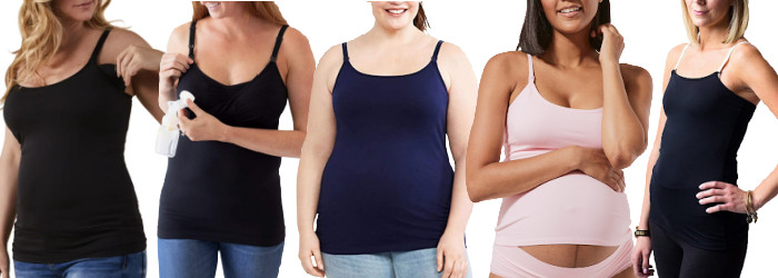 collage of 5 women wearing nursing camisoles; some are pregnant, some are postpartum