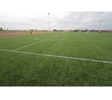 A close up of a lush green soccer field