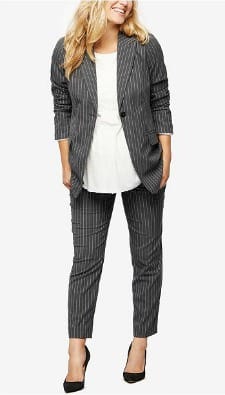 striped pants suit for a pregnant person