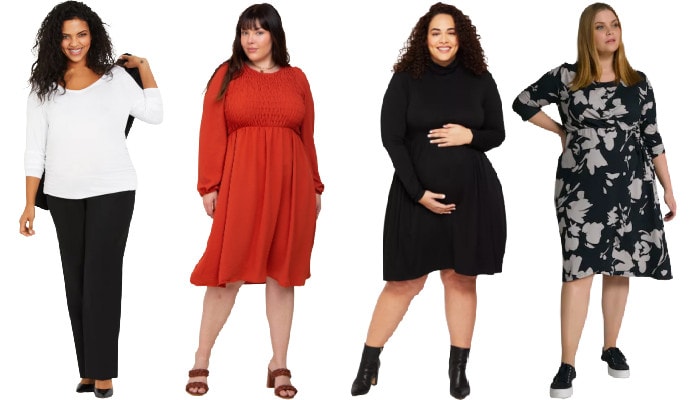 collage of 4 women wearing plus-size maternity clothes for work