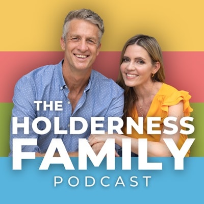 An image of Penn and Kim Holderness on a striped background with text "The Holderness Family Podcast"