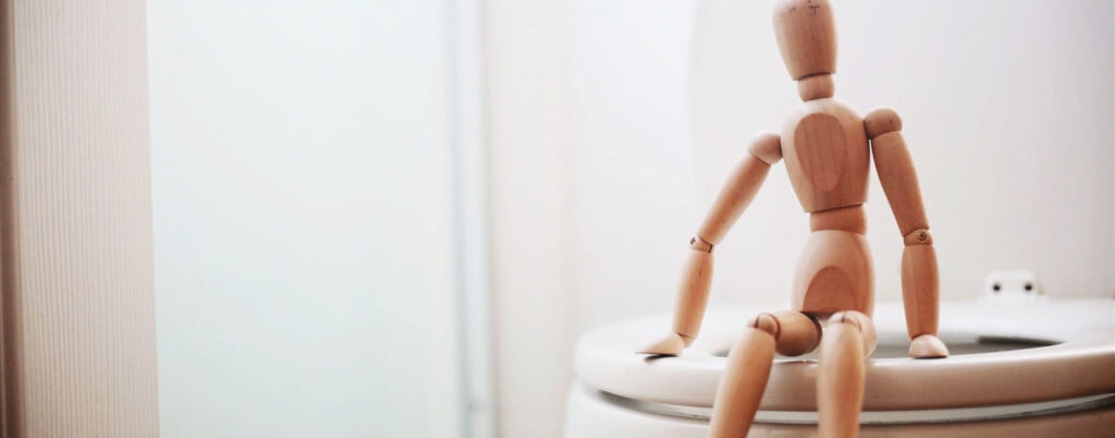 wooden doll sits on a toilet