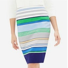 A woman wearing a striped work skirt