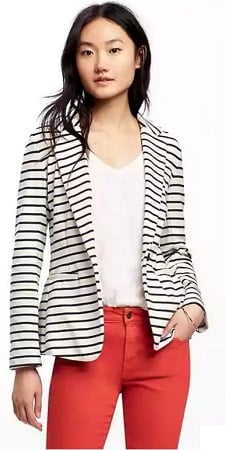 A woman wearing a Old Navy Striped Blazer