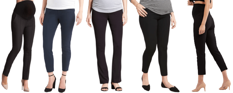 five professional pregnant women wear stylish maternity pants for work