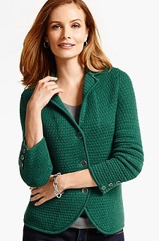 A woman wearing a Talbots Merino Wool Basket-Weave Sweater Jacket