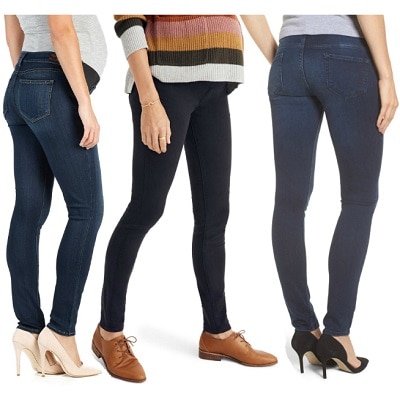 A collage of women wearing maternity jeans
