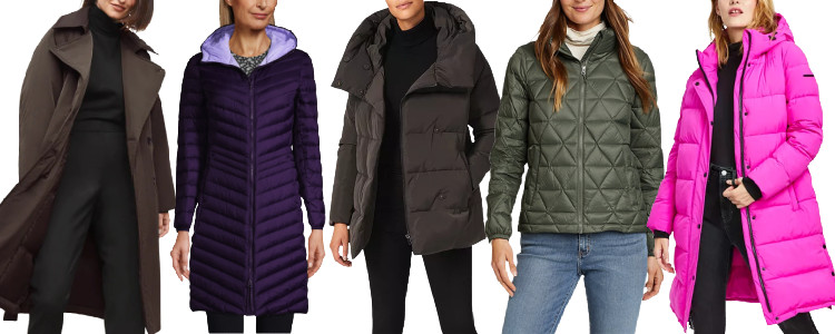 collage of 5 women wearing trendy washable winter coats in 2022