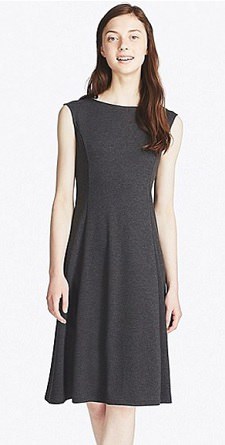 A woman wearing a Uniqlo gray ponte midi sleeveless dress