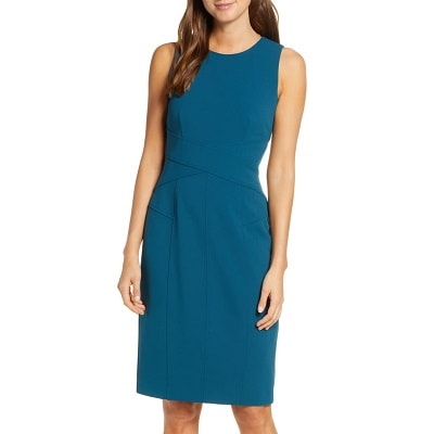 A woman wearing a Calvin Klein Women\'s Petite Dress