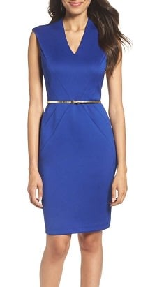 A woman wearing a London Times Women\'s Belted Sheath Dress