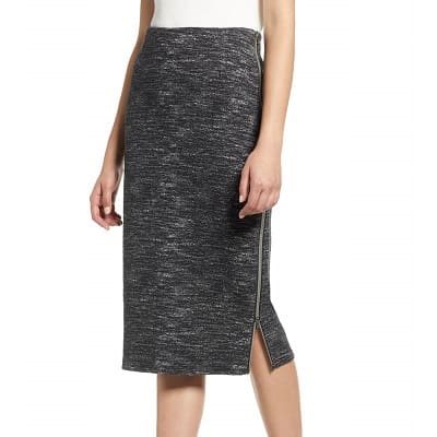 A woman wearing a Side Zip Ponte Pencil Skirt