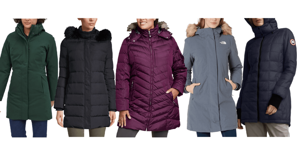 collage of women wearing washable winter coats