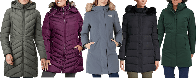 Collage of 5 coats: 1) gray Bernardo fitted puffer 2) purple plus-size Eddie Bauer 3) gray North Face 4) black Lands End, 5) green Patagonia 3-in-1  