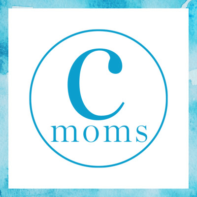A blue square surrounding a blue circle with a blue "cmoms" inside